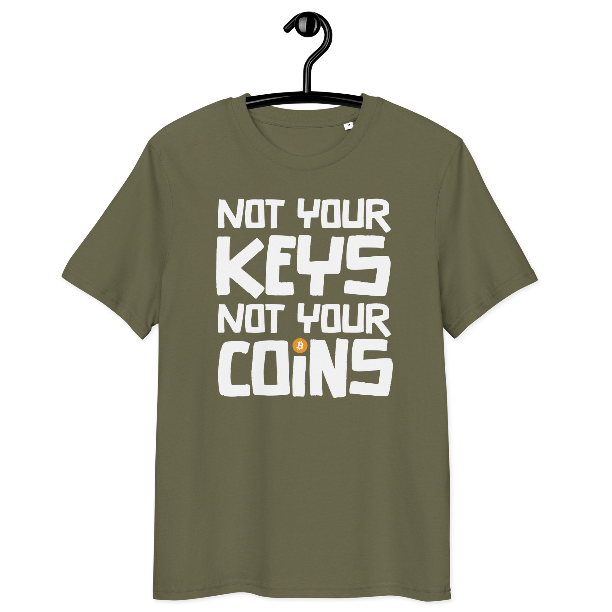 Front view of a khaki bitcoin t-shirt.