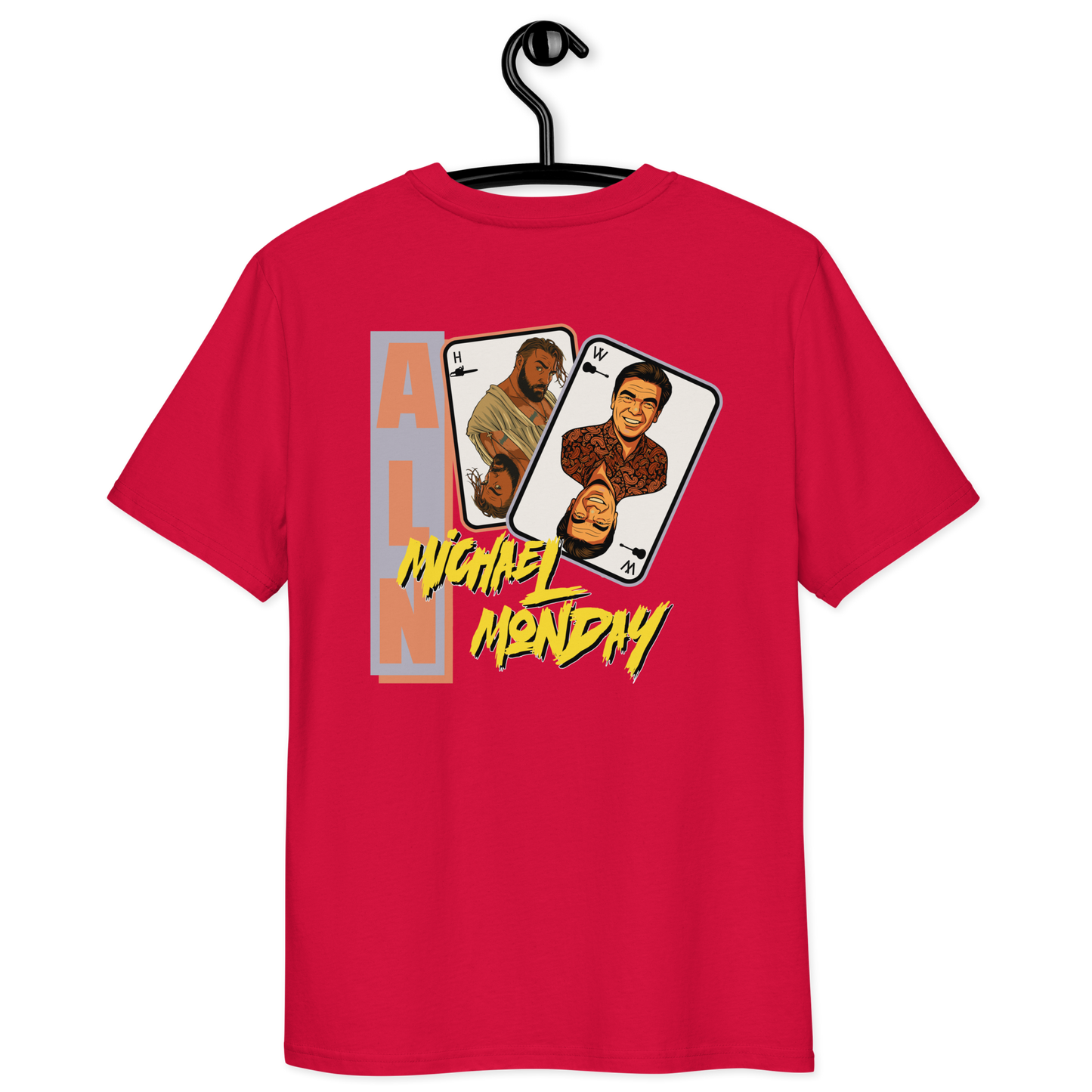 Back view of a red aln t-shirt.