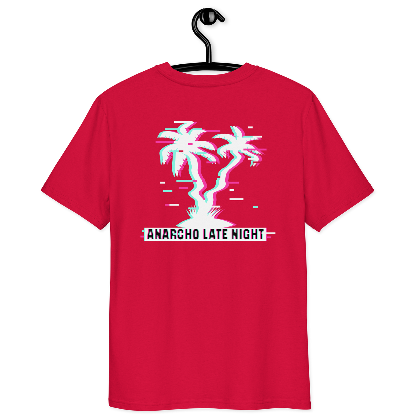 Back view of a red aln t-shirt.