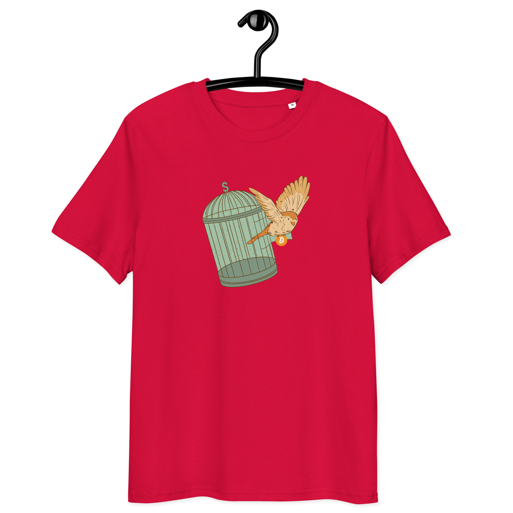 Front view of a red bitcoin t-shirt.