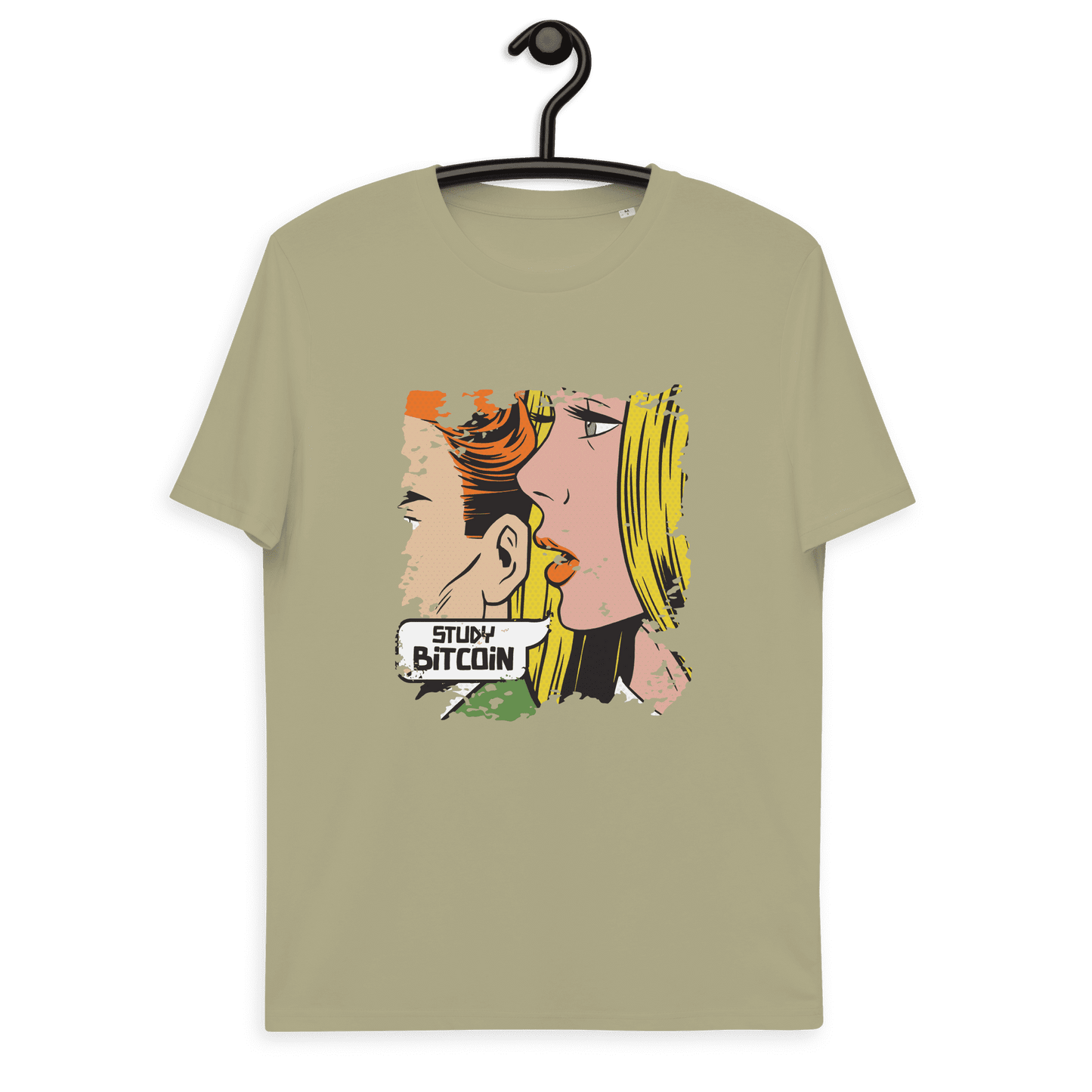 Front view of a sage bitcoin t-shirt.