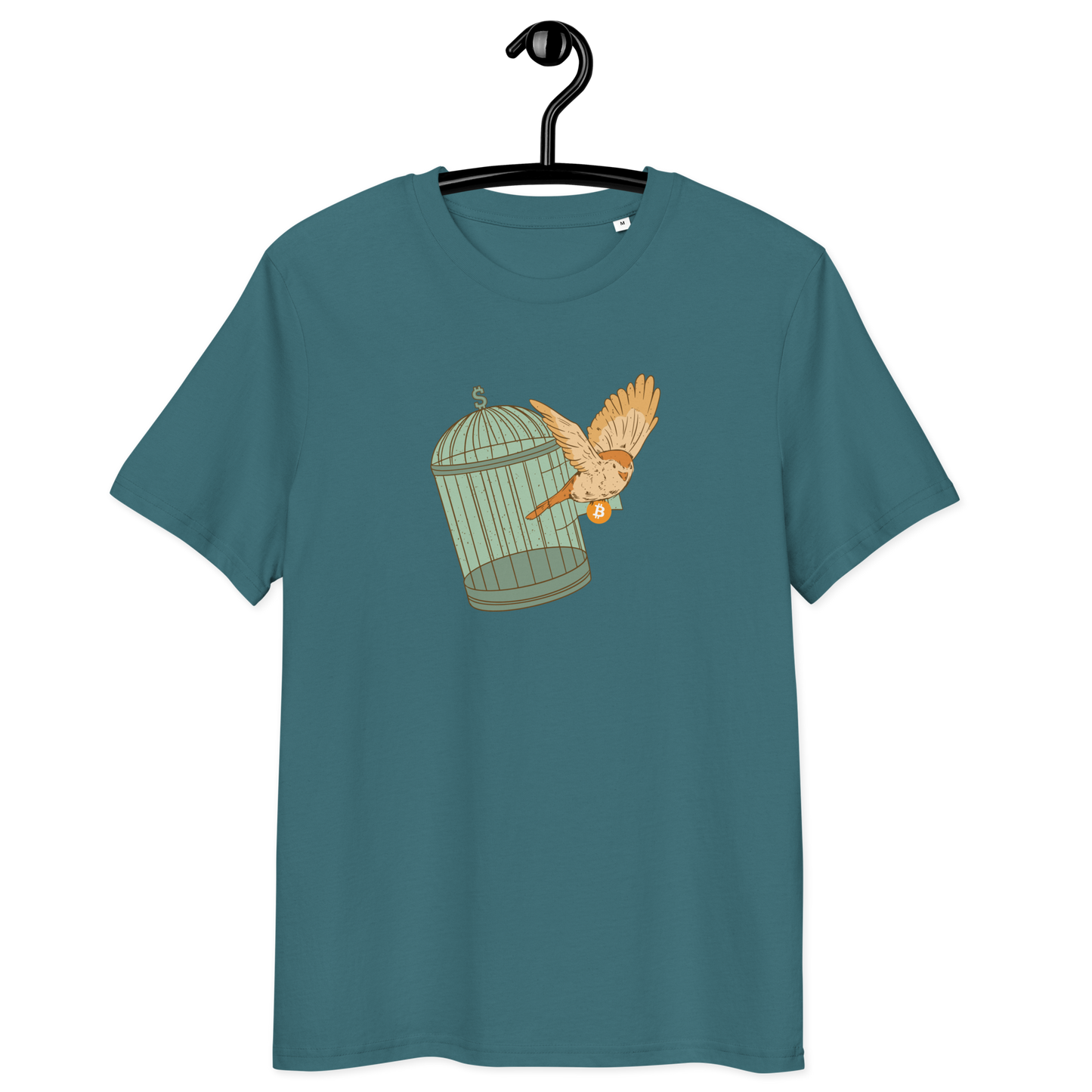 Front view of a stargazer colored bitcoin t-shirt.