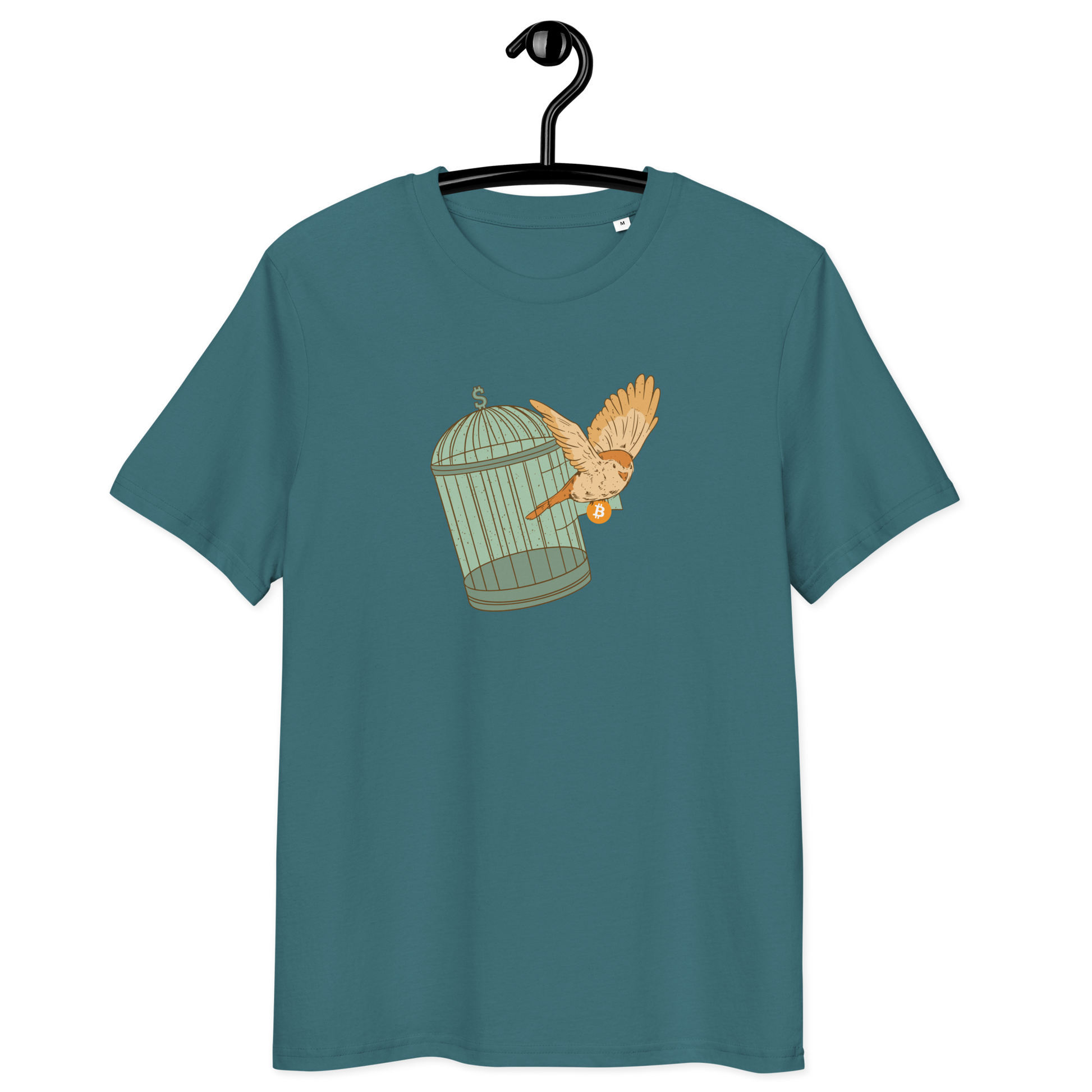 Front view of a stargazer colored bitcoin t-shirt.