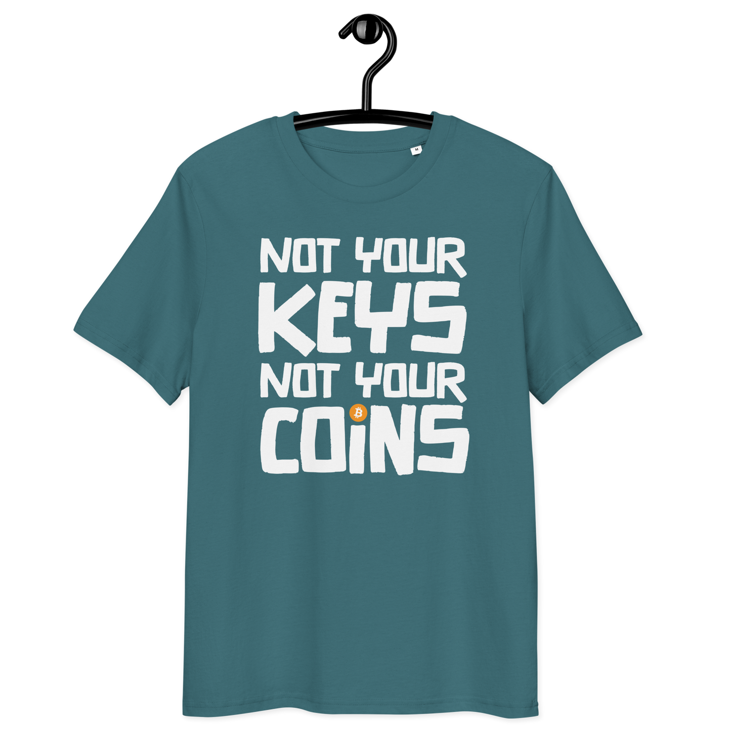 Front view of a stargazer colored bitcoin t-shirt.