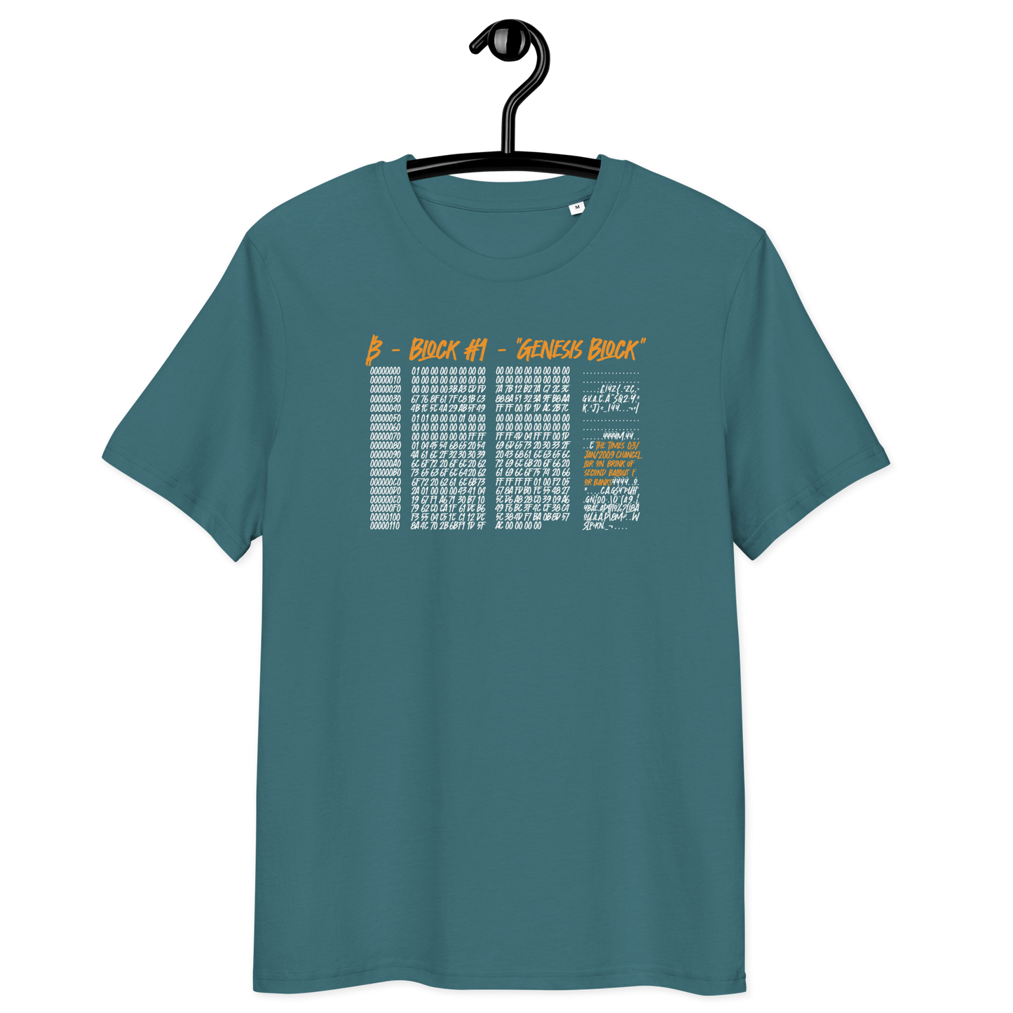 Front view of a stargazer colored bitcoin t-shirt.