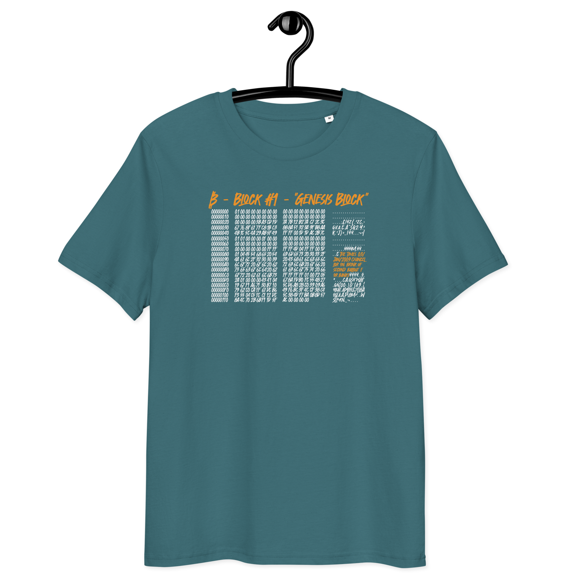 Front view of a stargazer colored bitcoin t-shirt.