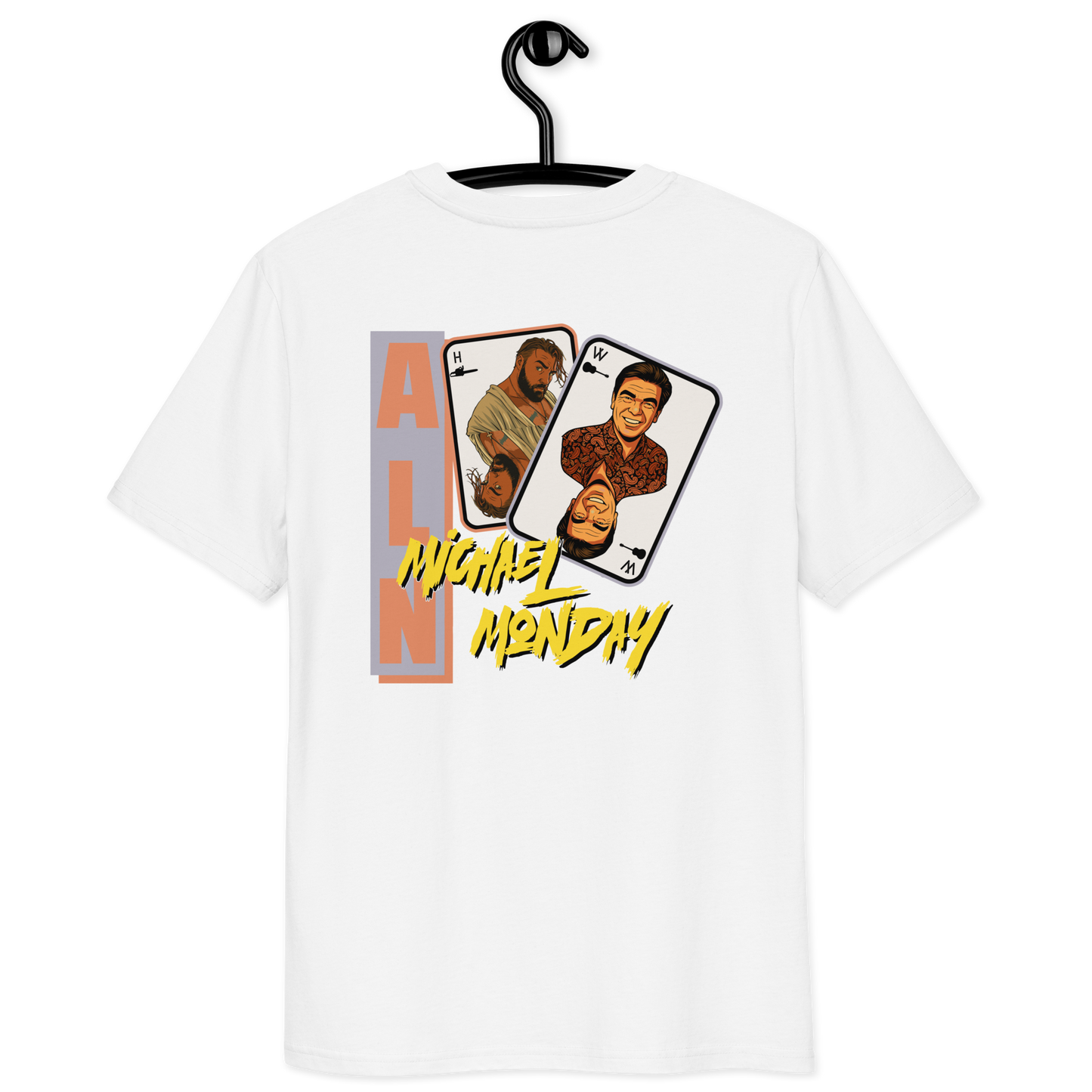 Back view of a white aln t-shirt.