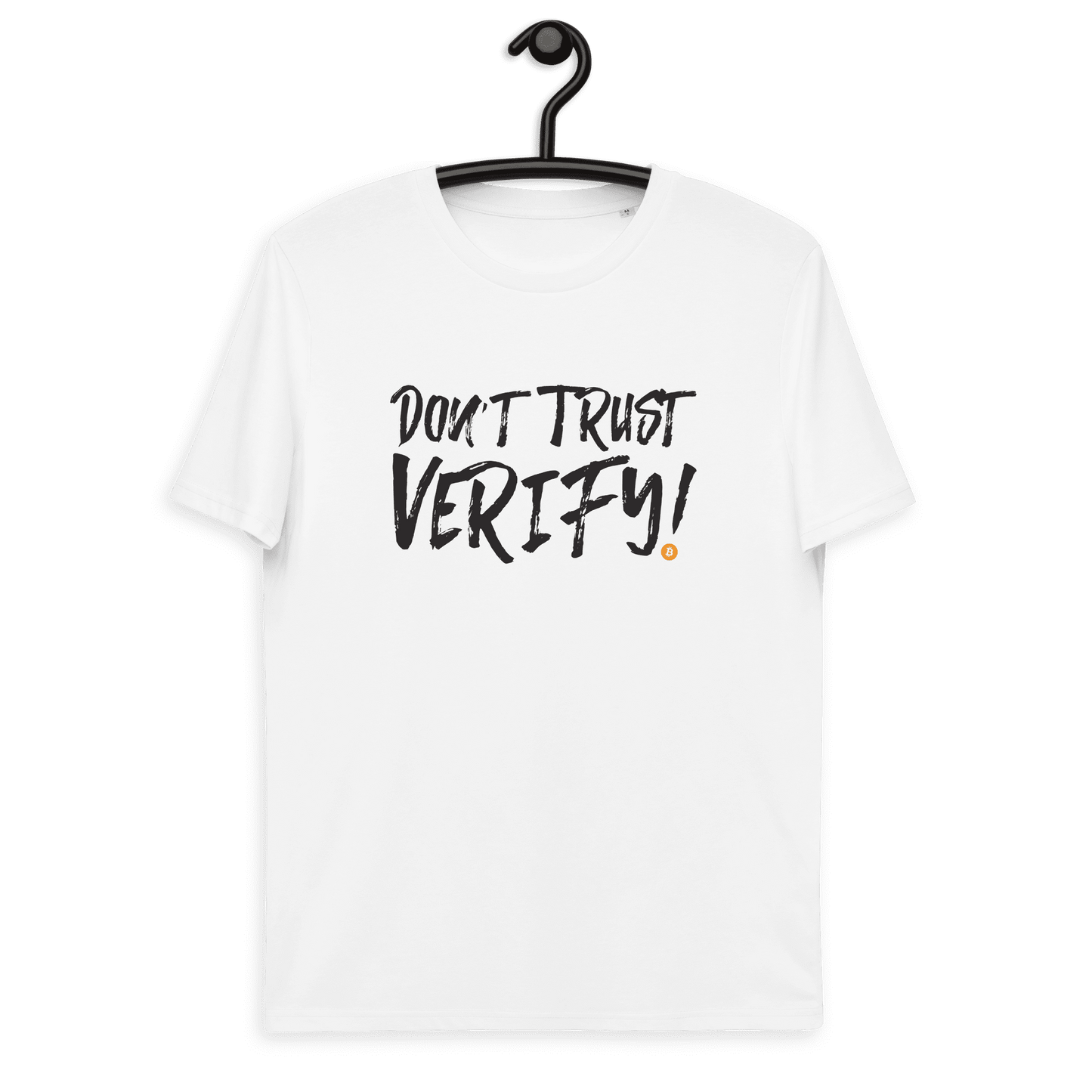 Front view of a white bitcoin t-shirt.