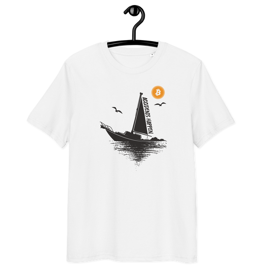 Front view of a white bitcoin t-shirt.