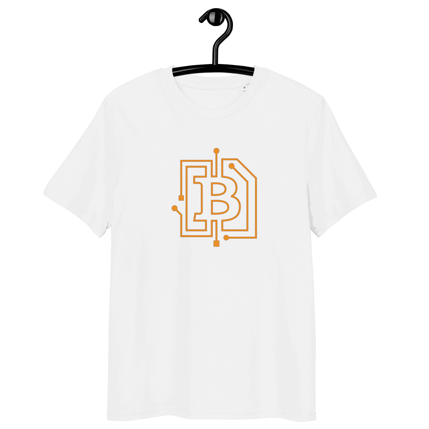 Certification logos for OEKO-TEX, PETA, GOTS, OCS, and GRS on organic cotton circuit board bitcoin t-shirt