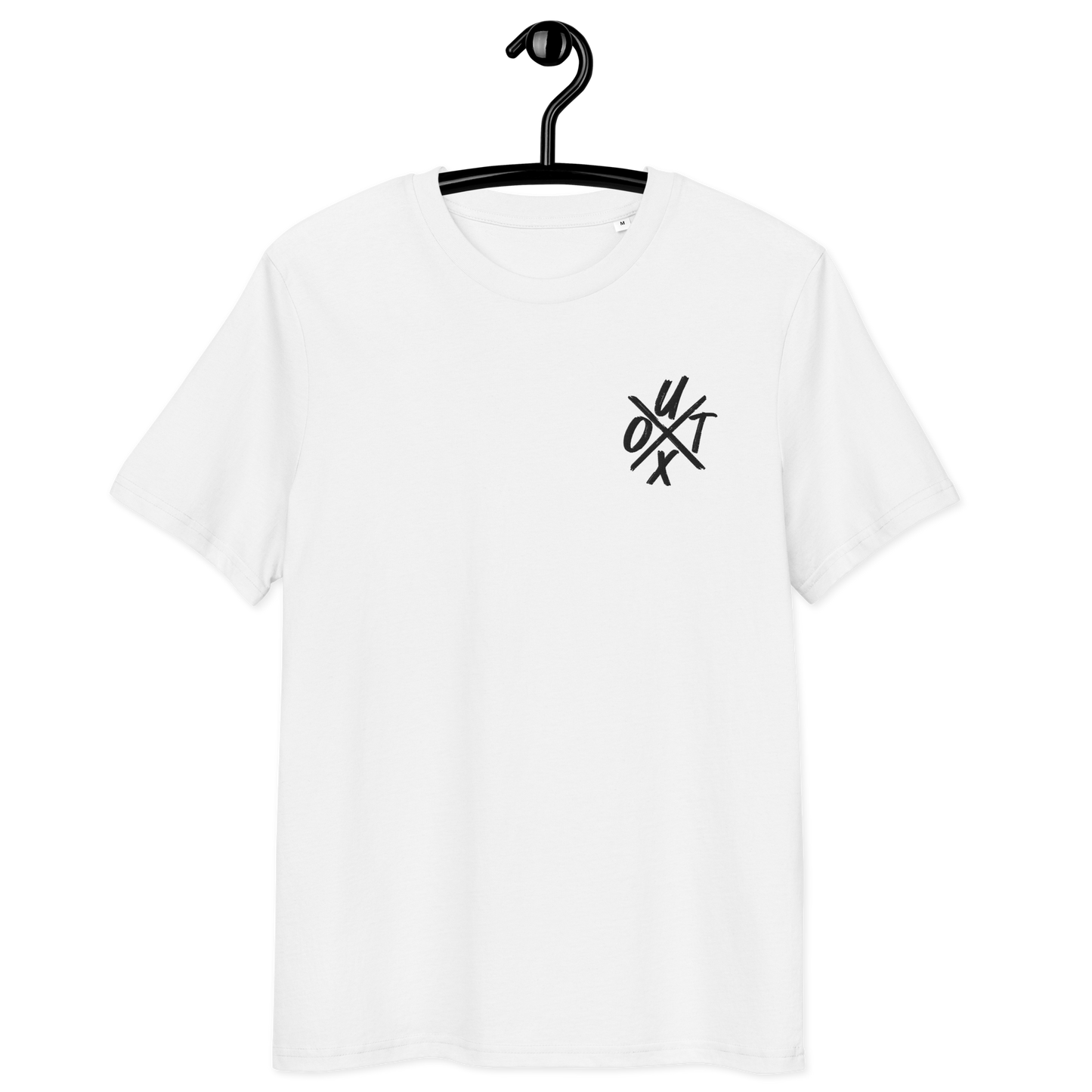 Front view of a white embroidered bitcoin t-shirt.