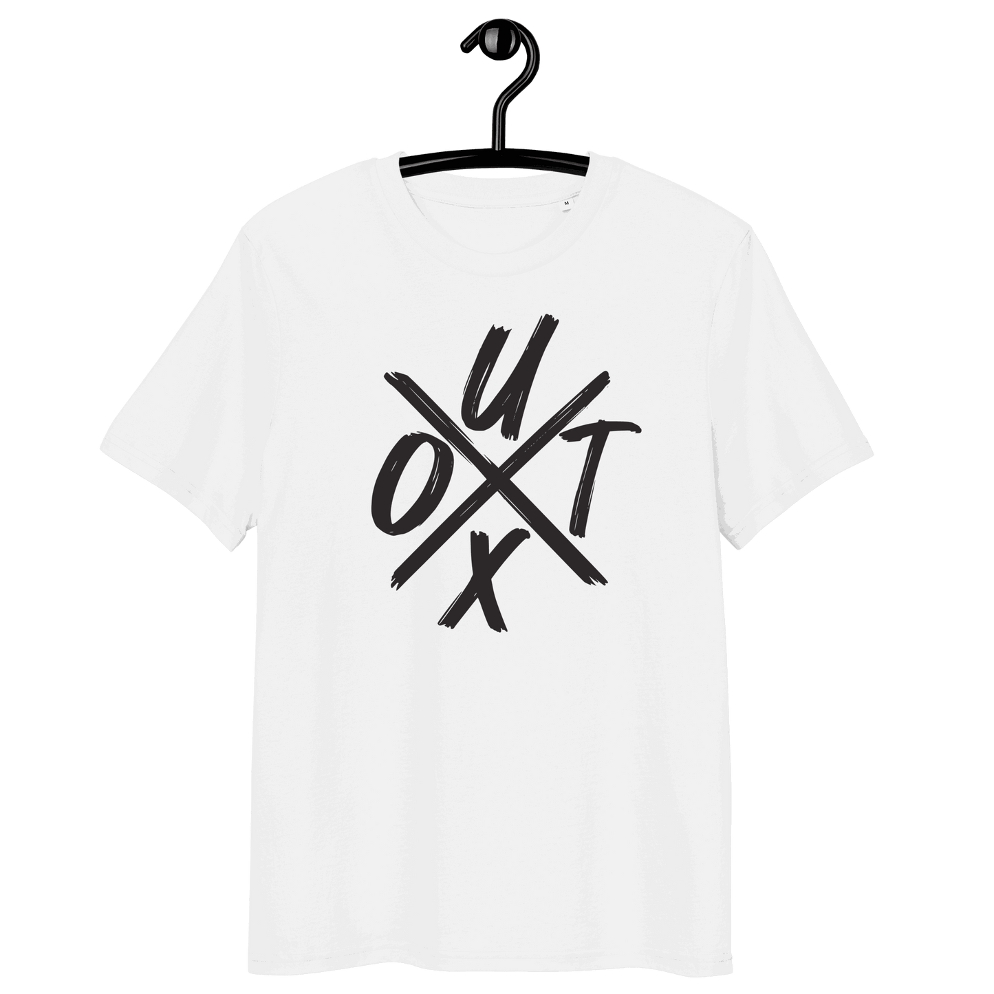 Certification logos for OEKO-TEX, PETA, GOTS, OCS, and GRS on organic cotton Bitcoin T-shirt promoting UTXO management