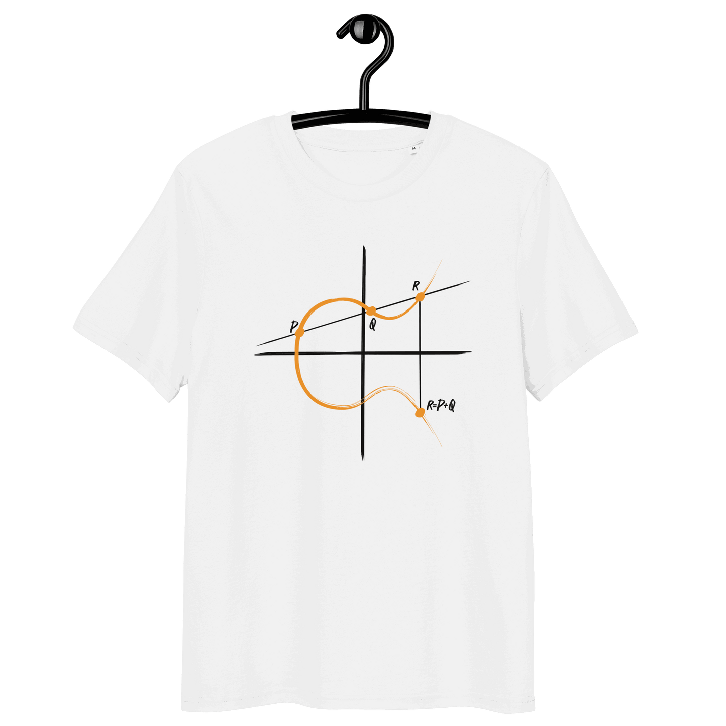 Certification logos for organic cotton and ethical standards on Elliptic Curve Cryptography Bitcoin t-shirt