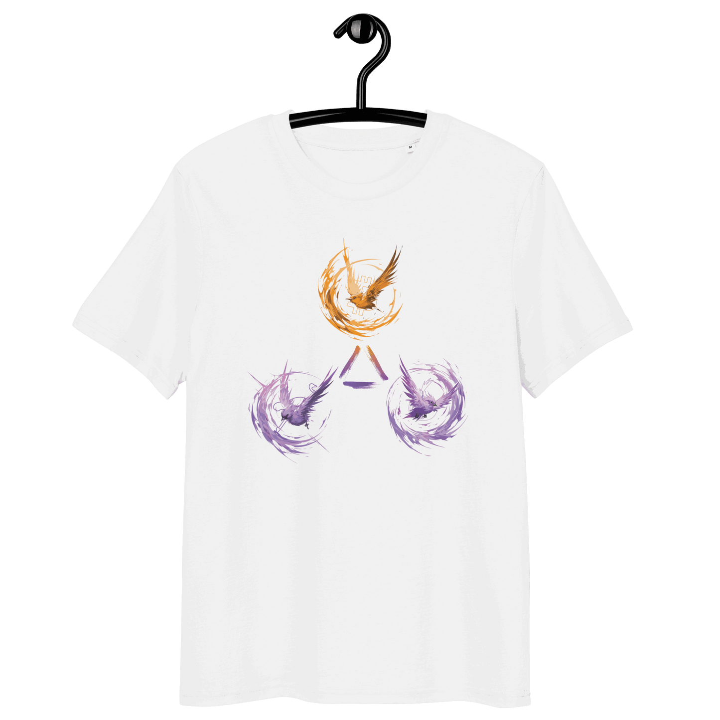 Organic cotton Bitcoin t-shirt with certifications promoting freedom and censorship-resistant technologies Trinity of Freedom design