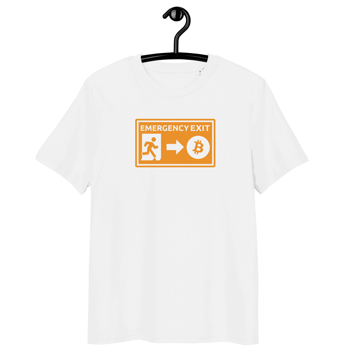Emergency Exit Organic Cotton Bitcoin T-Shirt with sustainability certifications logos