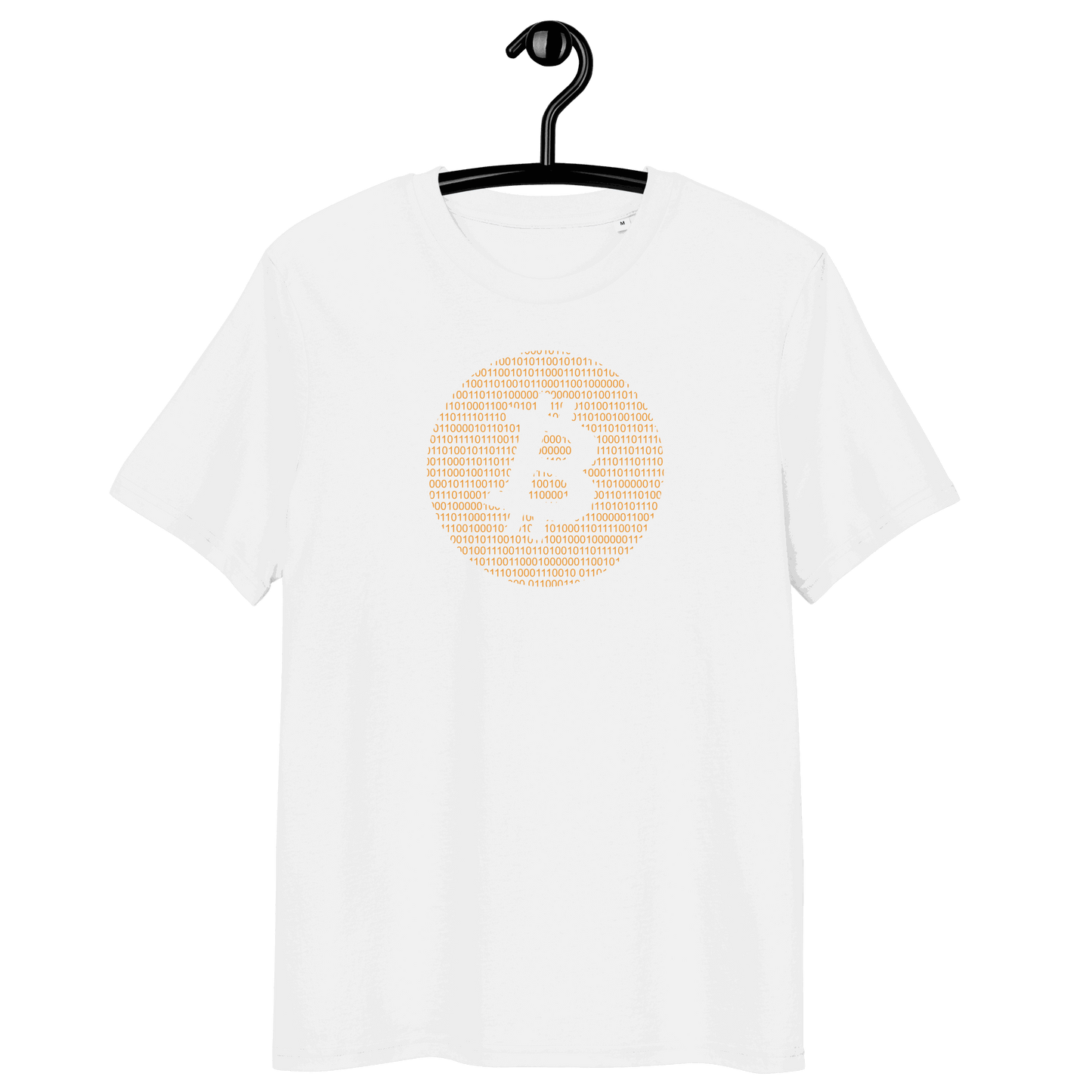 Organic cotton Bitcoin Binary t-shirt with technology-themed design and multiple eco-friendly certification logos