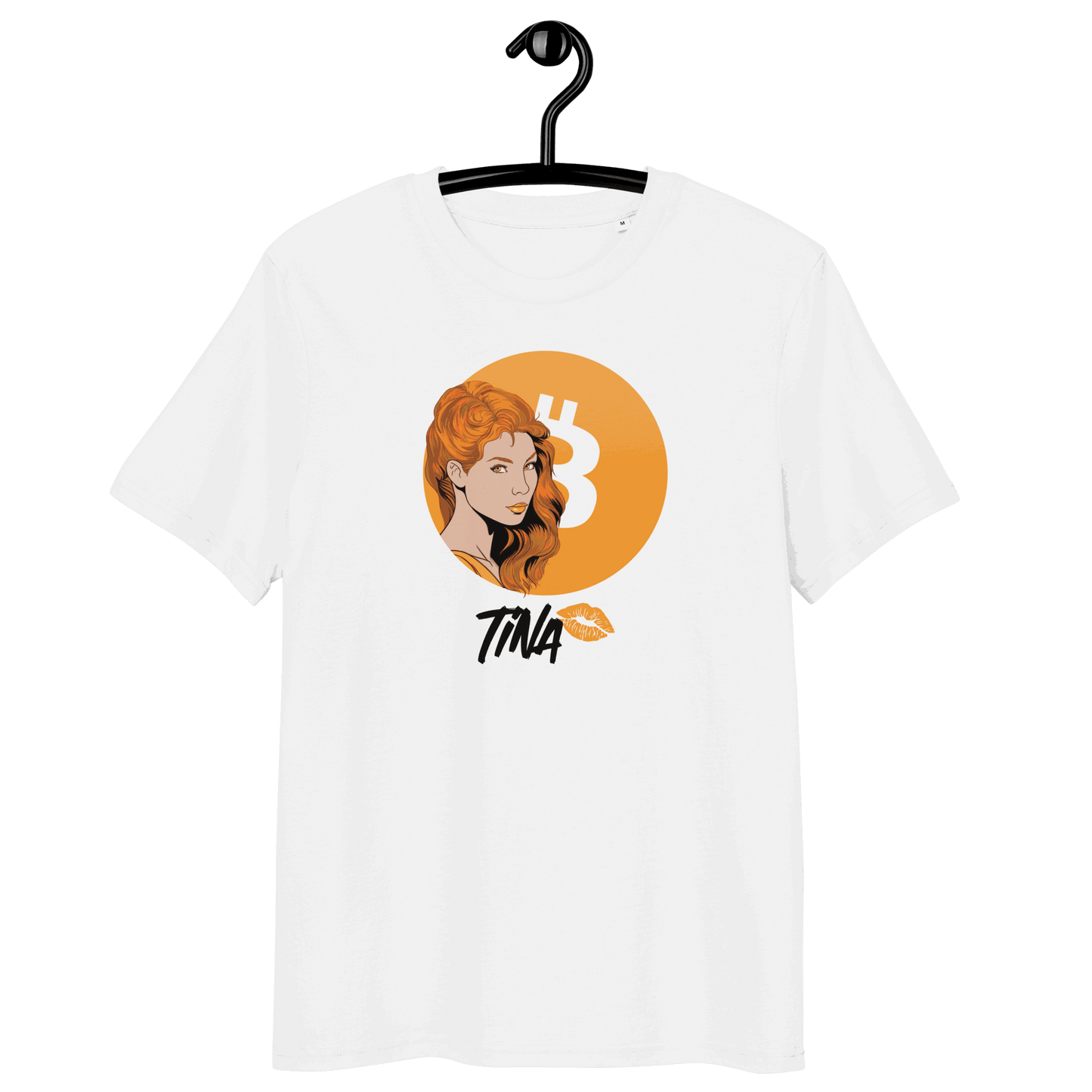 TINA organic cotton Bitcoin T-shirt with eco-friendly certification logos