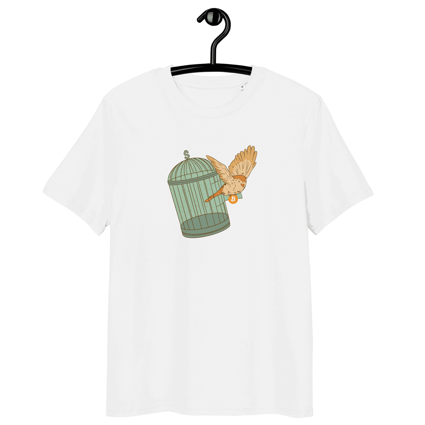 Certified organic cotton Bitcoin t-shirt promoting escape from fiat madness with eco-friendly and ethical certifications