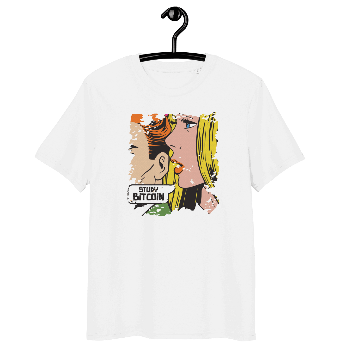 Organic cotton t-shirt with comic Study Bitcoin design and eco-friendly certifications