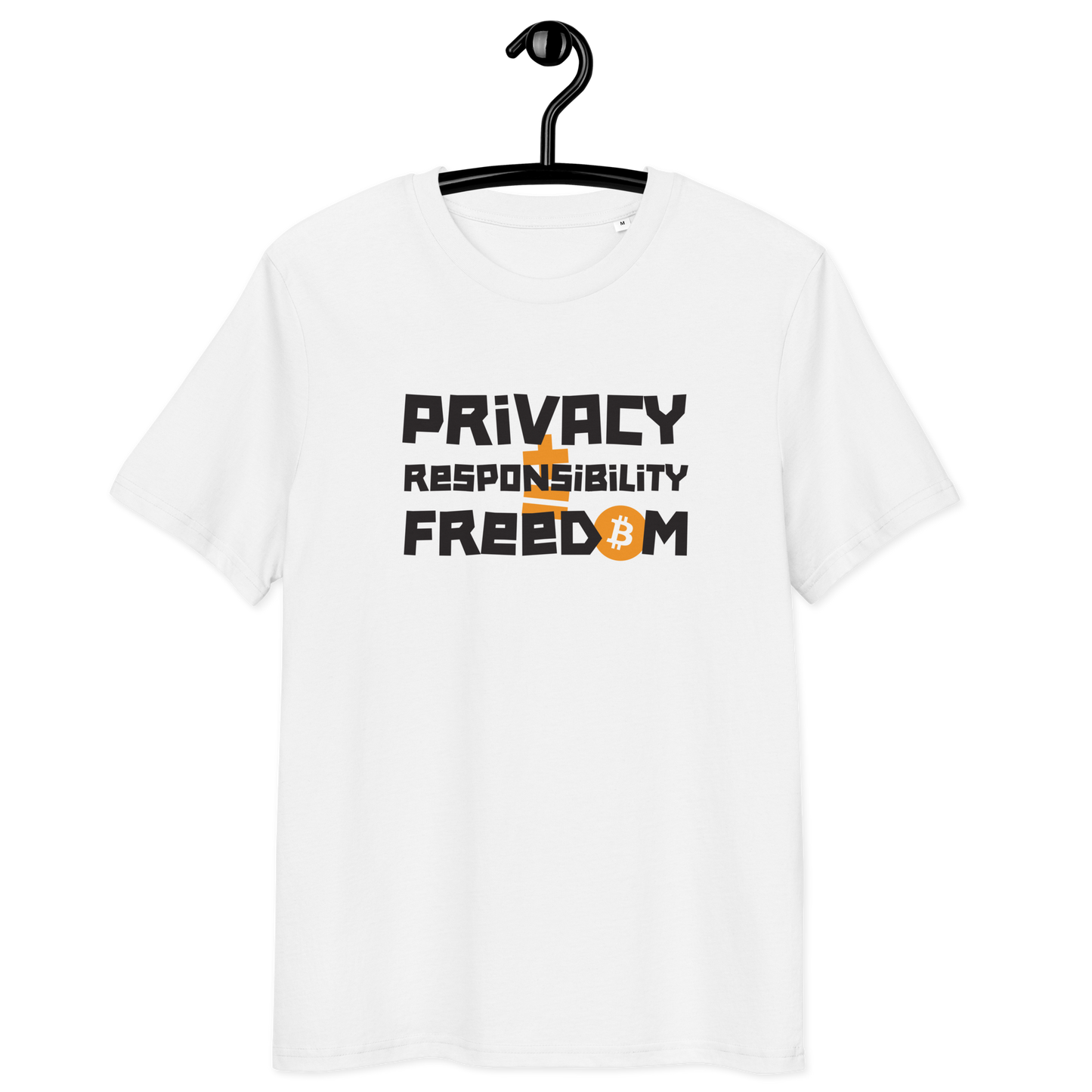 Organic Cotton Bitcoin T-Shirt with privacy responsibility freedom design and eco-friendly certifications
