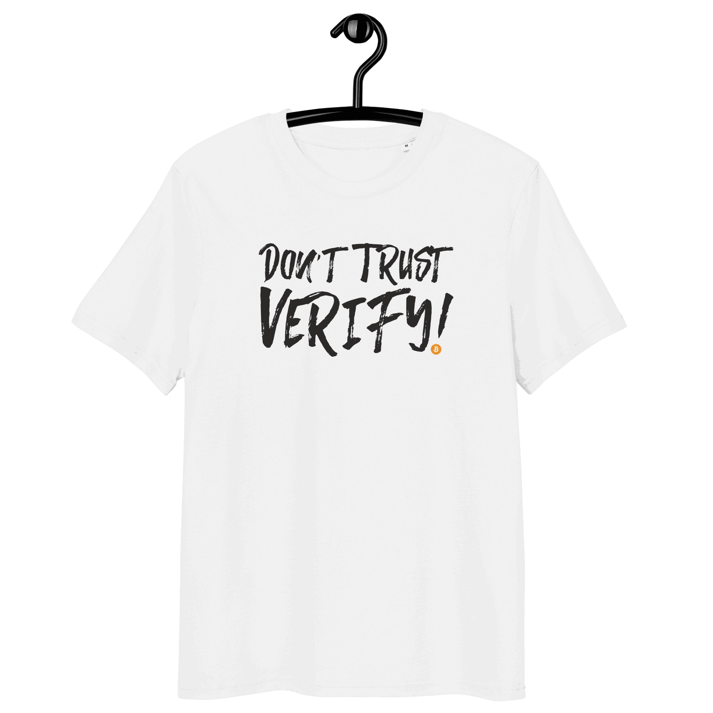 Certification logos for organic cotton Bitcoin T-shirt with Don't Trust Verify slogan