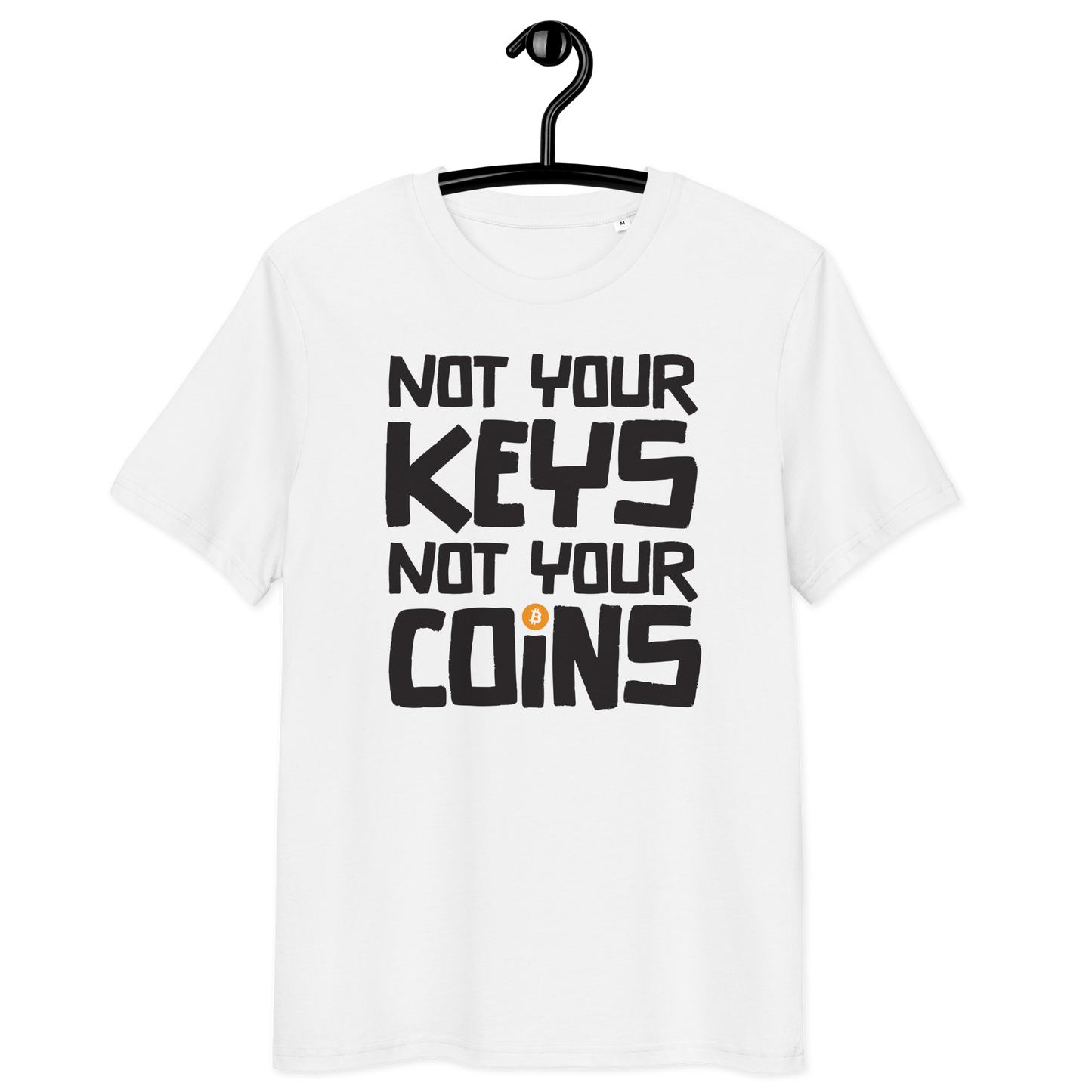 Front view of a white bitcoin t-shirt.