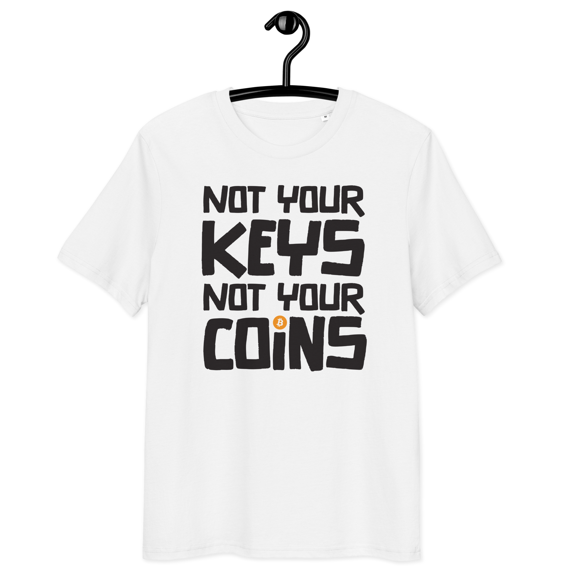 Front view of a white bitcoin t-shirt.