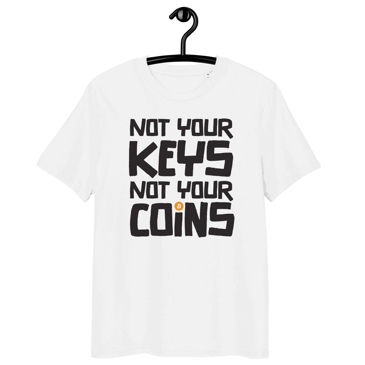 Front view of a white bitcoin t-shirt.