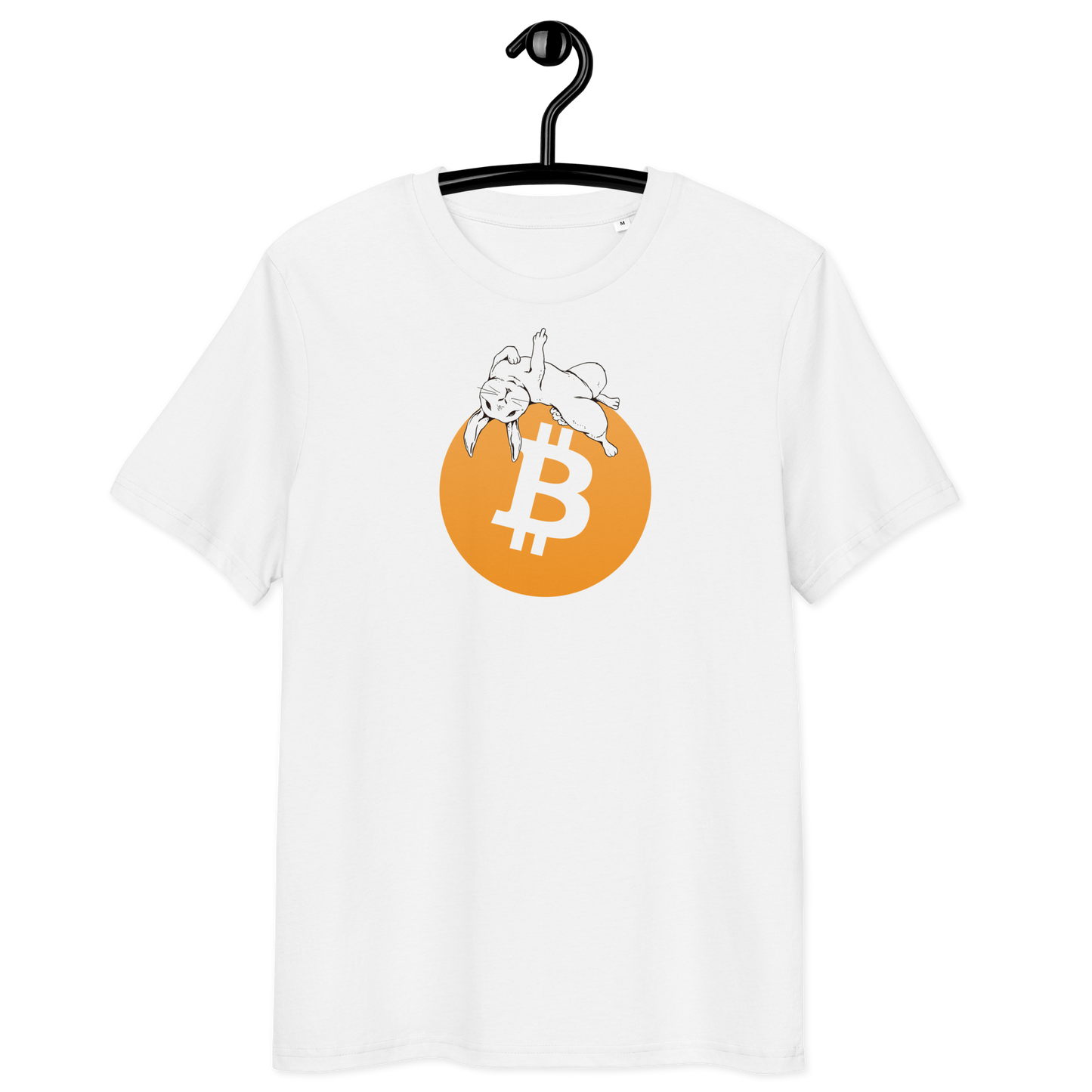 White rabbit bitcoin logo on organic cotton t-shirt with certification badges