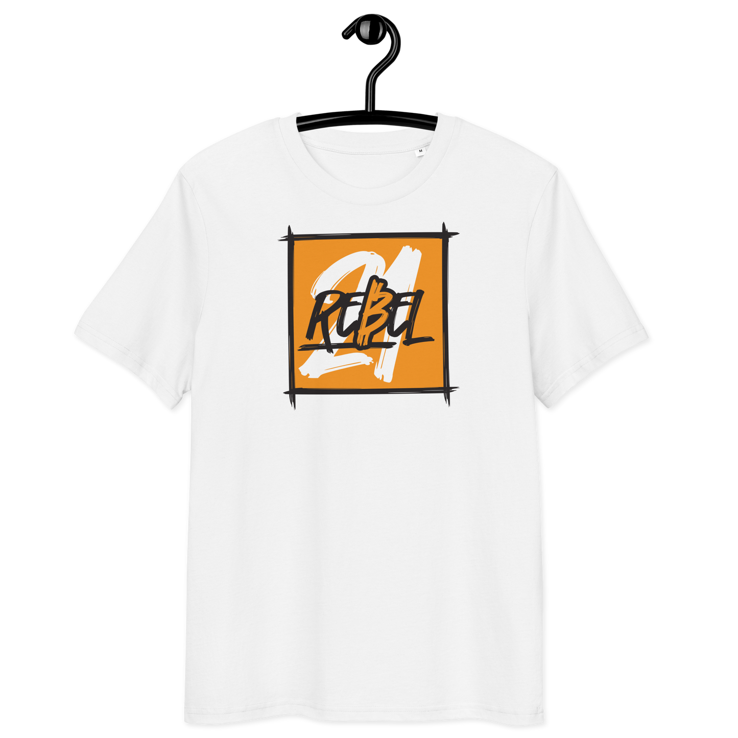 21 Rebel organic cotton bitcoin t-shirt with eco-friendly certification logos