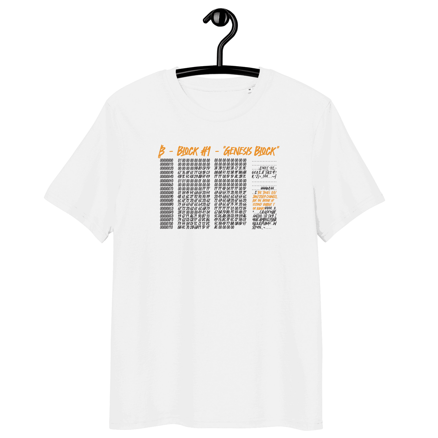 Certification logos of OEKO-TEX, PETA, GOTS, OCS, and GRS on organic cotton Genesis Block Bitcoin t-shirt