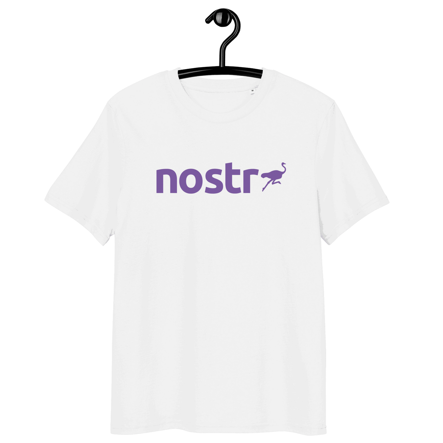 Nostr T-Shirt with organic cotton and multiple sustainability certifications including OEKO-TEX, PETA, GOTS, OCS, and GRS logos.