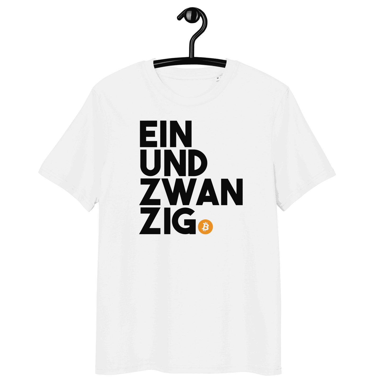 Einundzwanzig organic cotton Bitcoin T-shirt with certification logos for sustainable and ethical production