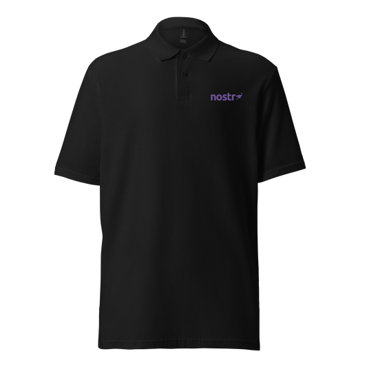 Front view of a black embroidered nostr polo shirt.