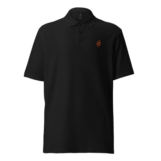 Front view of a black embroidered bitcoin polo shirt.