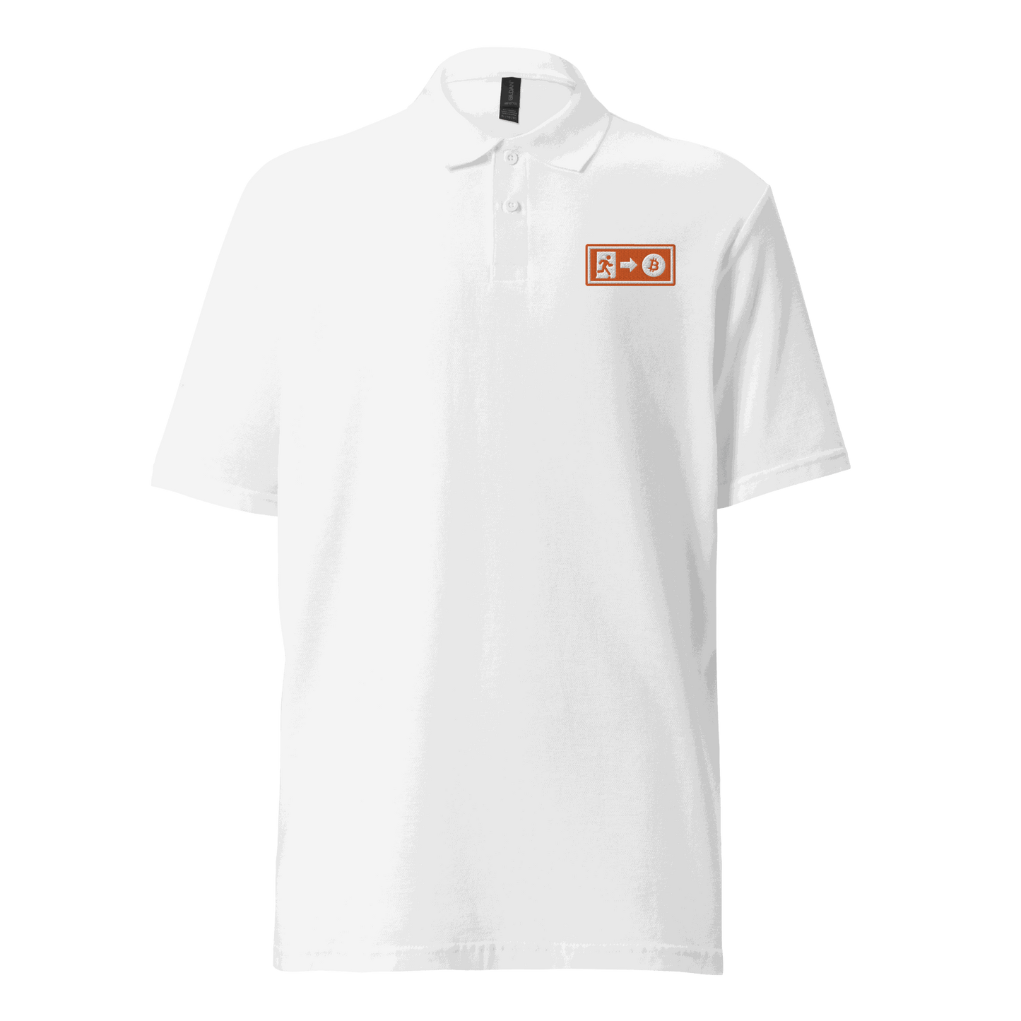 Emergency Exit bitcoin polo shirt promoting a fairer future with Bitcoin