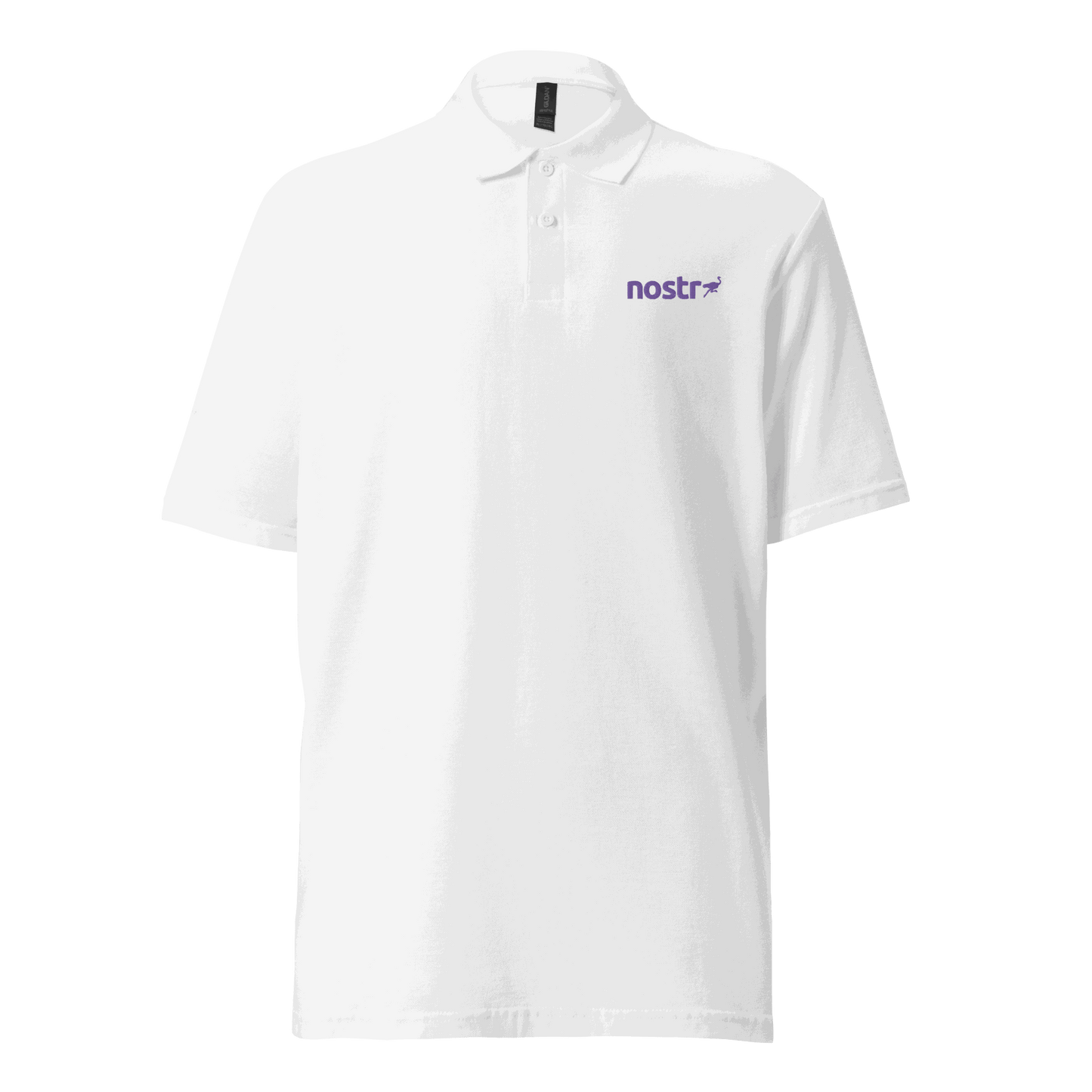 Nostr polo shirt with OEKO-TEX certification logo promoting censorship-free social networks