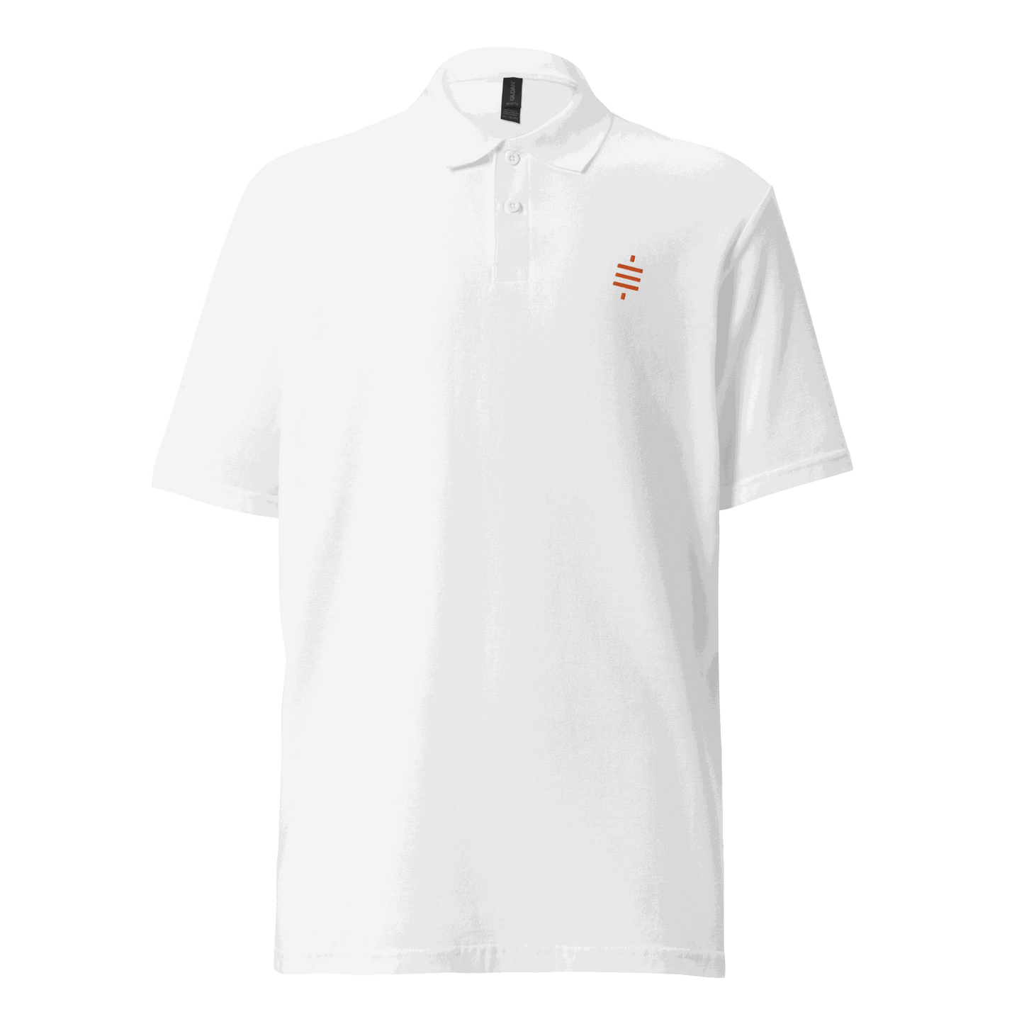 Front view of a white embroidered bitcoin polo shirt.