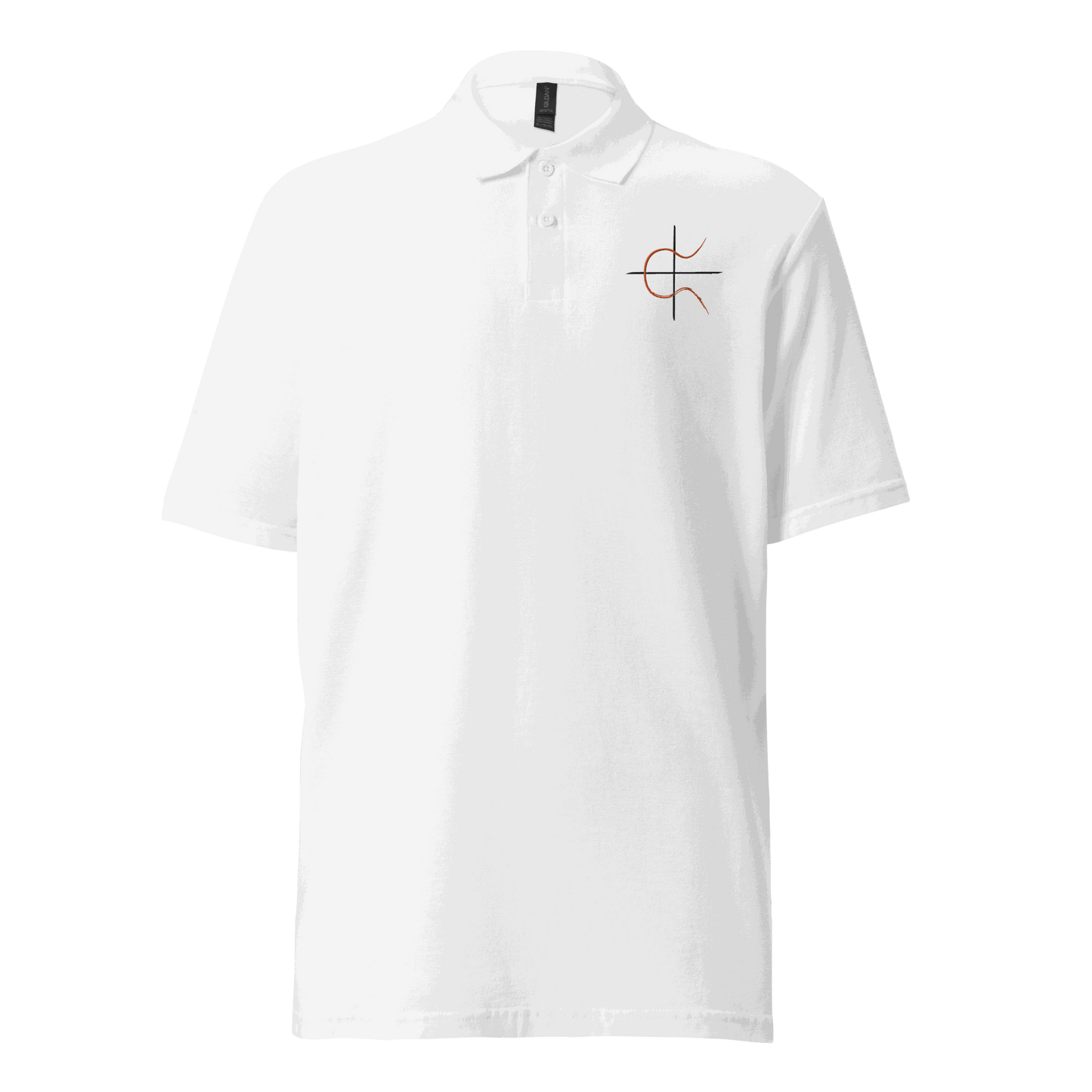 Front view of a white embroidered bitcoin polo shirt.