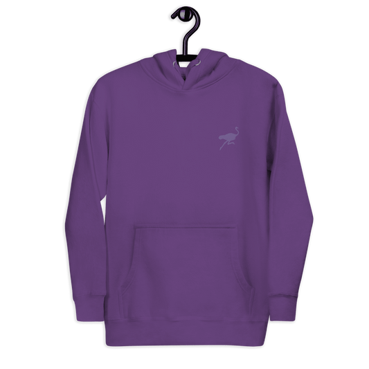 Front view of a embroidered purple nostr hoodie.
