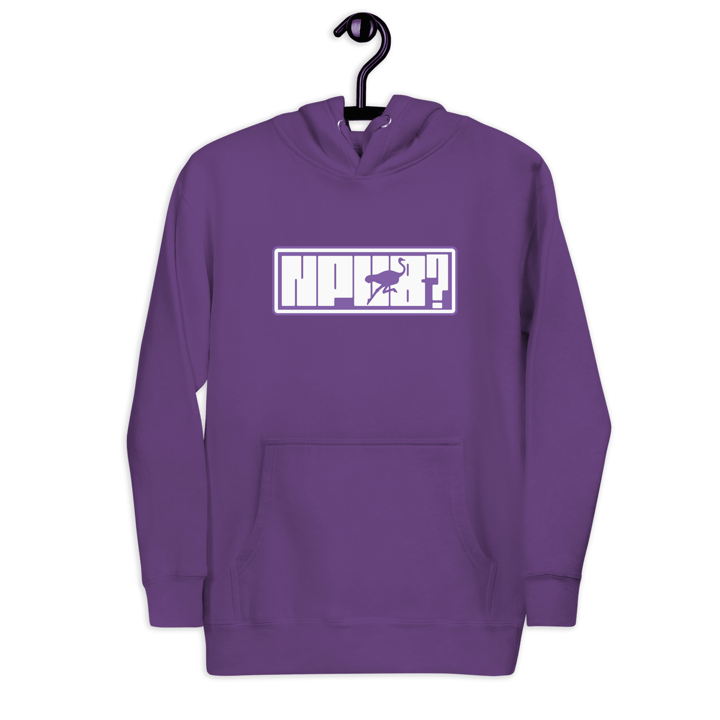 Front view of a purple nostr hoodie.