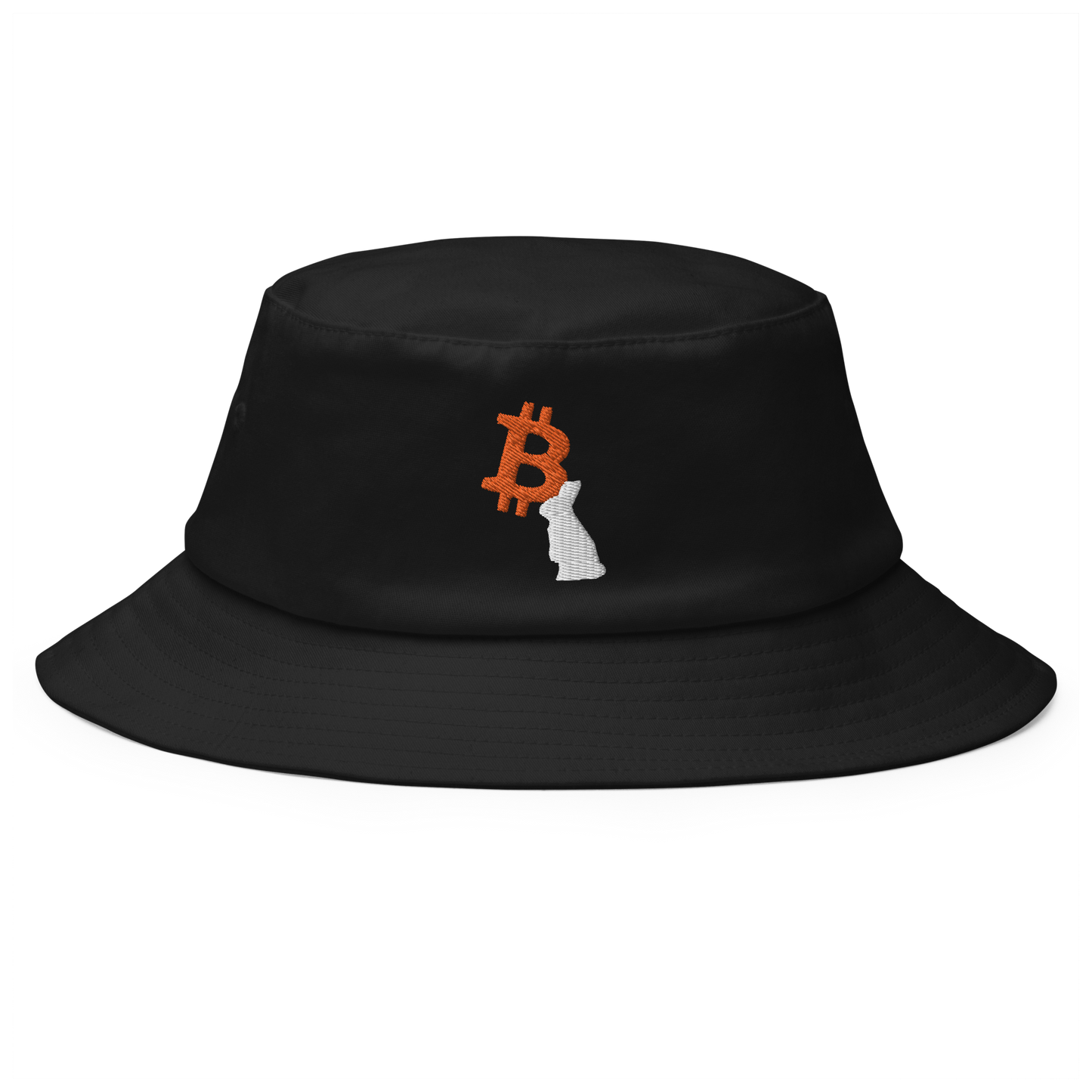 Front view of a black bitcoin bucket hat.