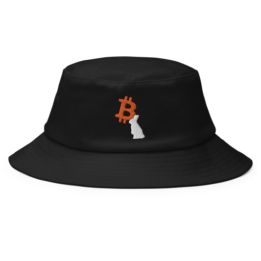 Front view of a black bitcoin bucket hat.
