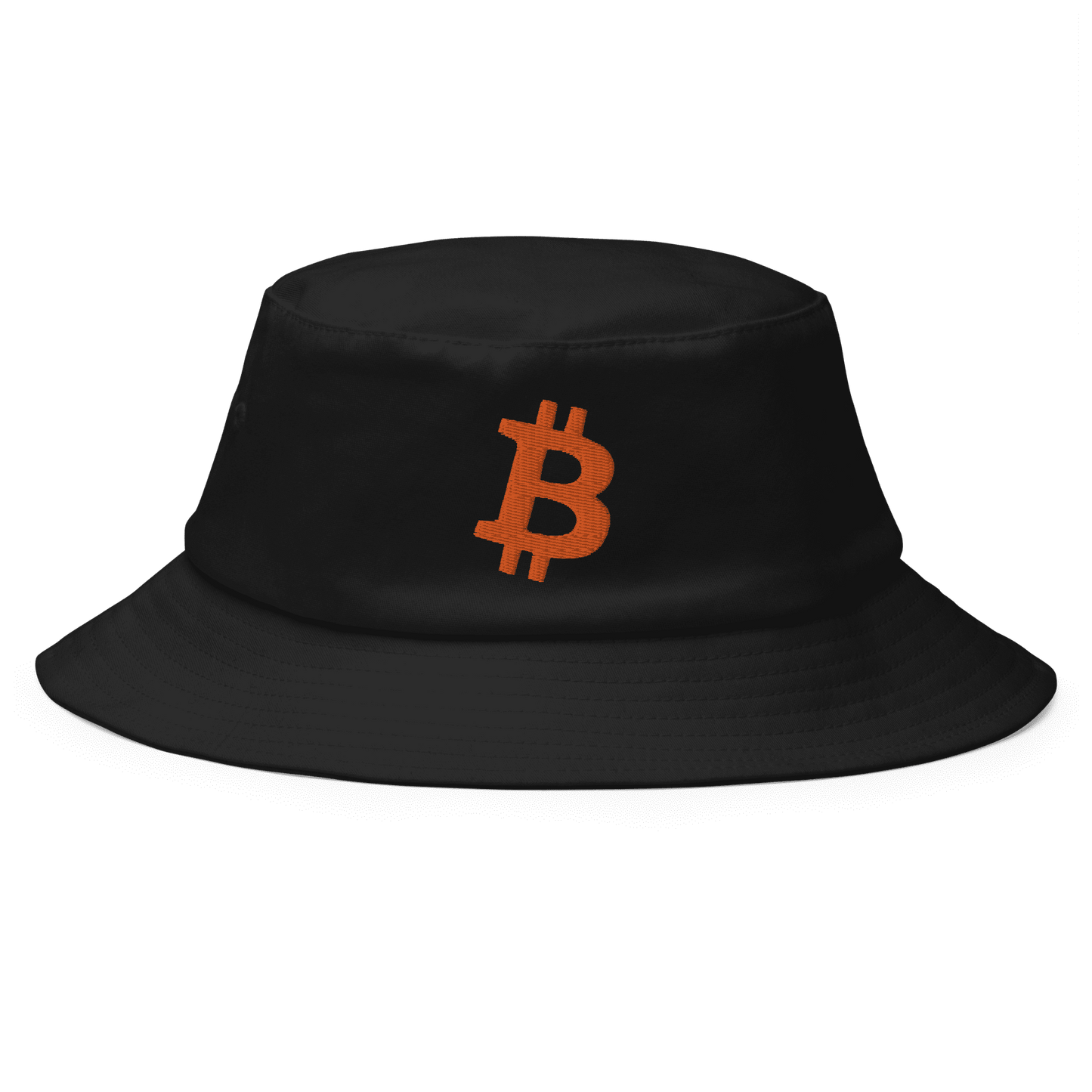 Front view of a black bitcoin bucket hat.