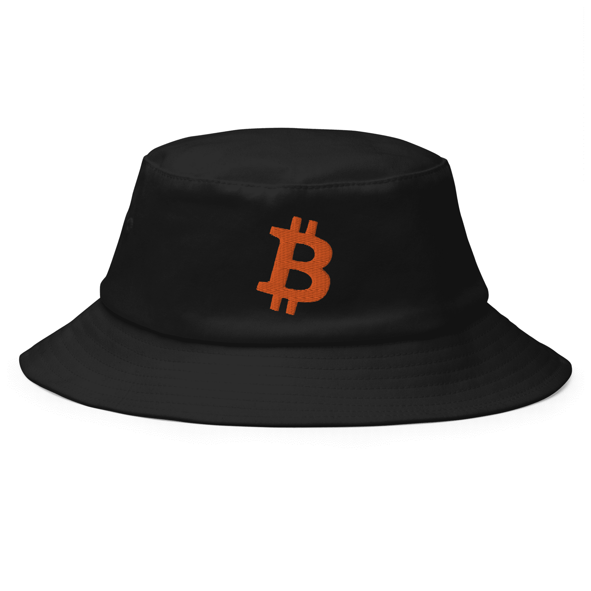 Front view of a black bitcoin bucket hat.