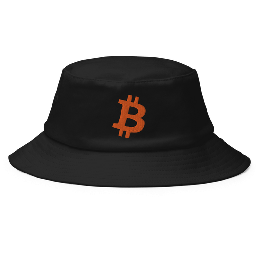 Front view of a black bitcoin bucket hat.