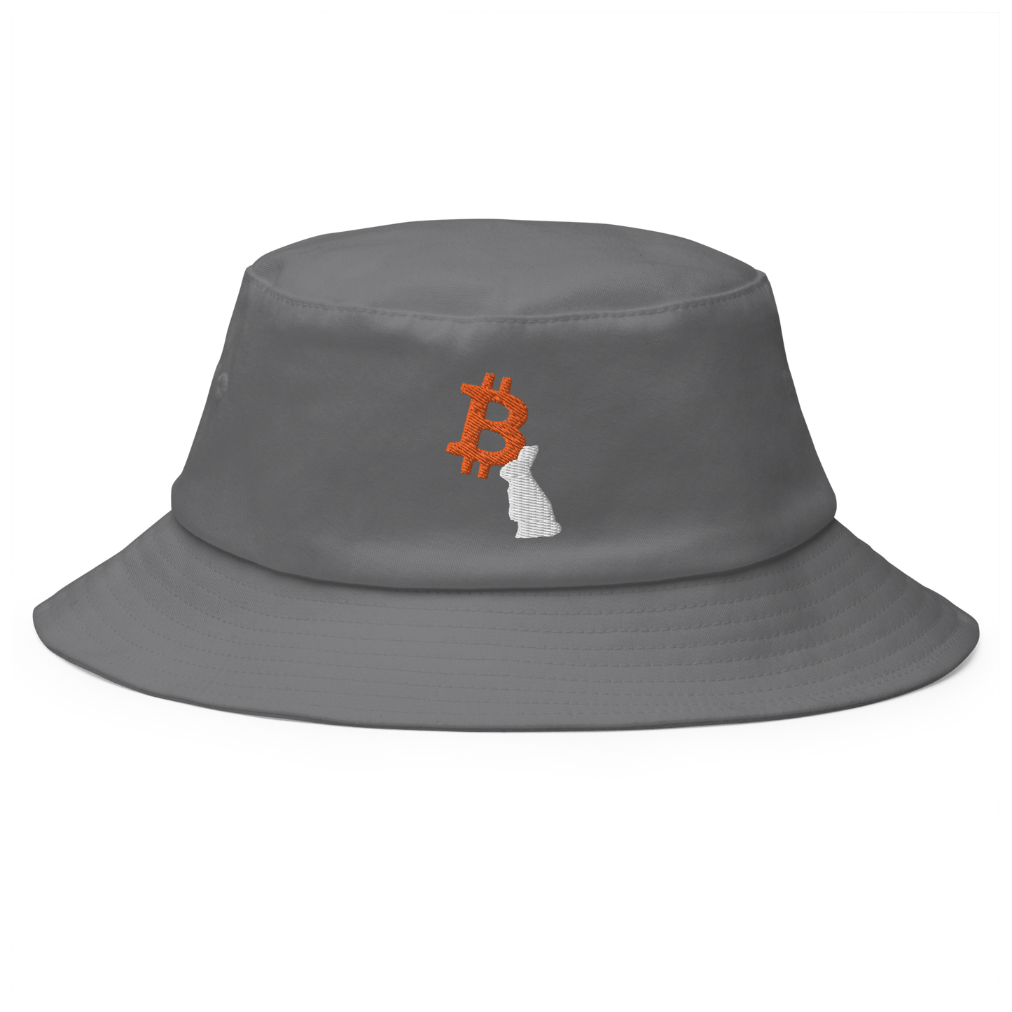 Front view of a grey bitcoin bucket hat.