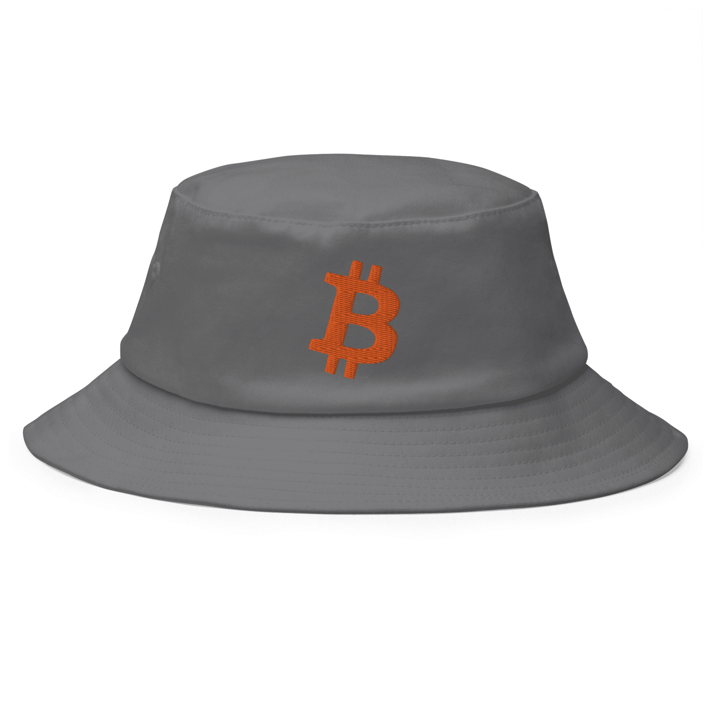 Front view of a grey bitcoin bucket hat.