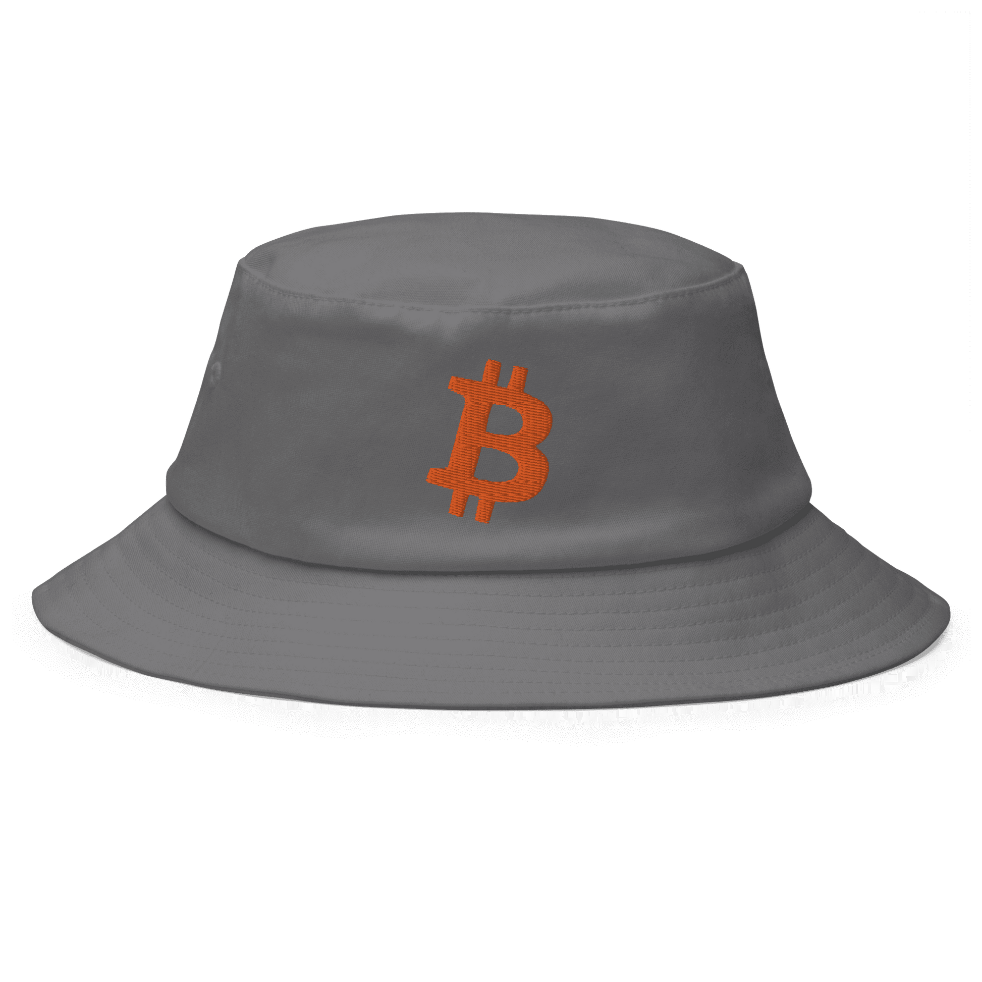 Front view of a grey bitcoin bucket hat.