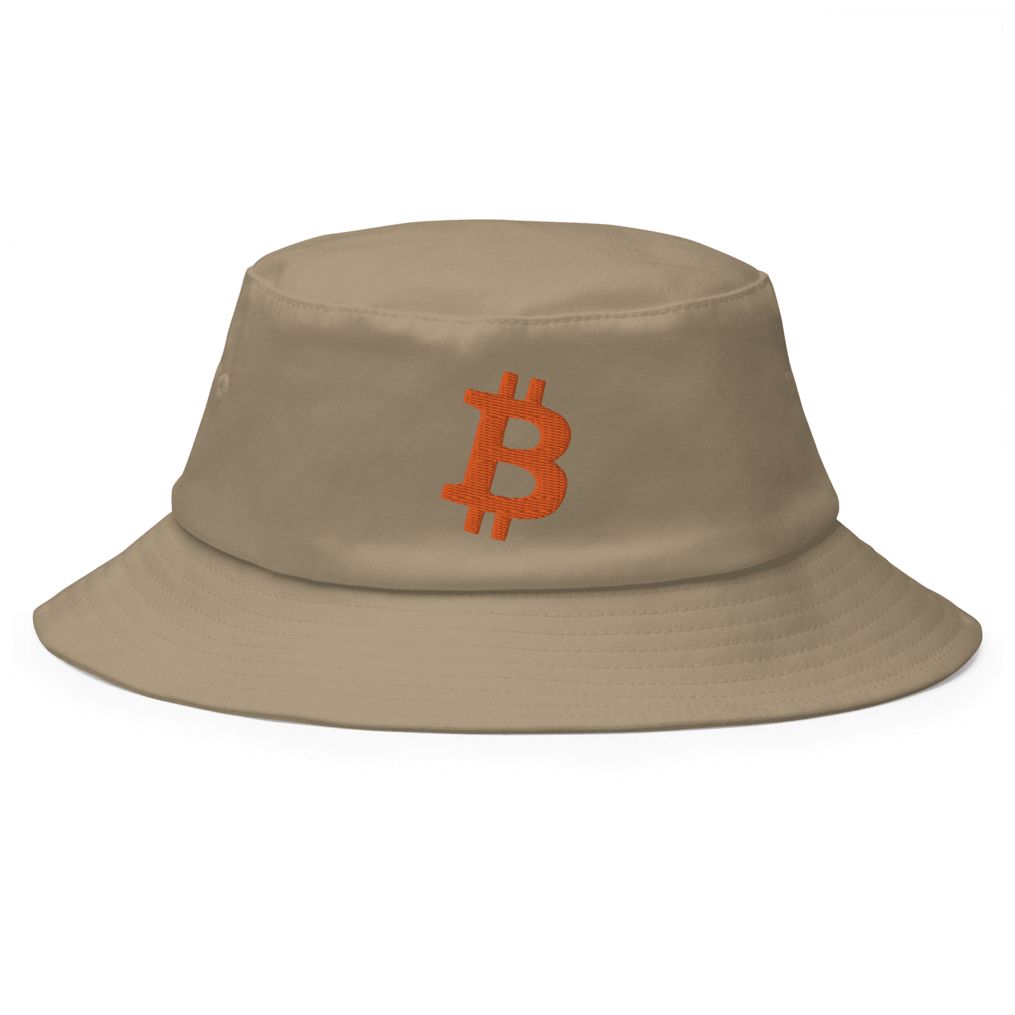 Front view of a khaki bitcoin bucket hat.